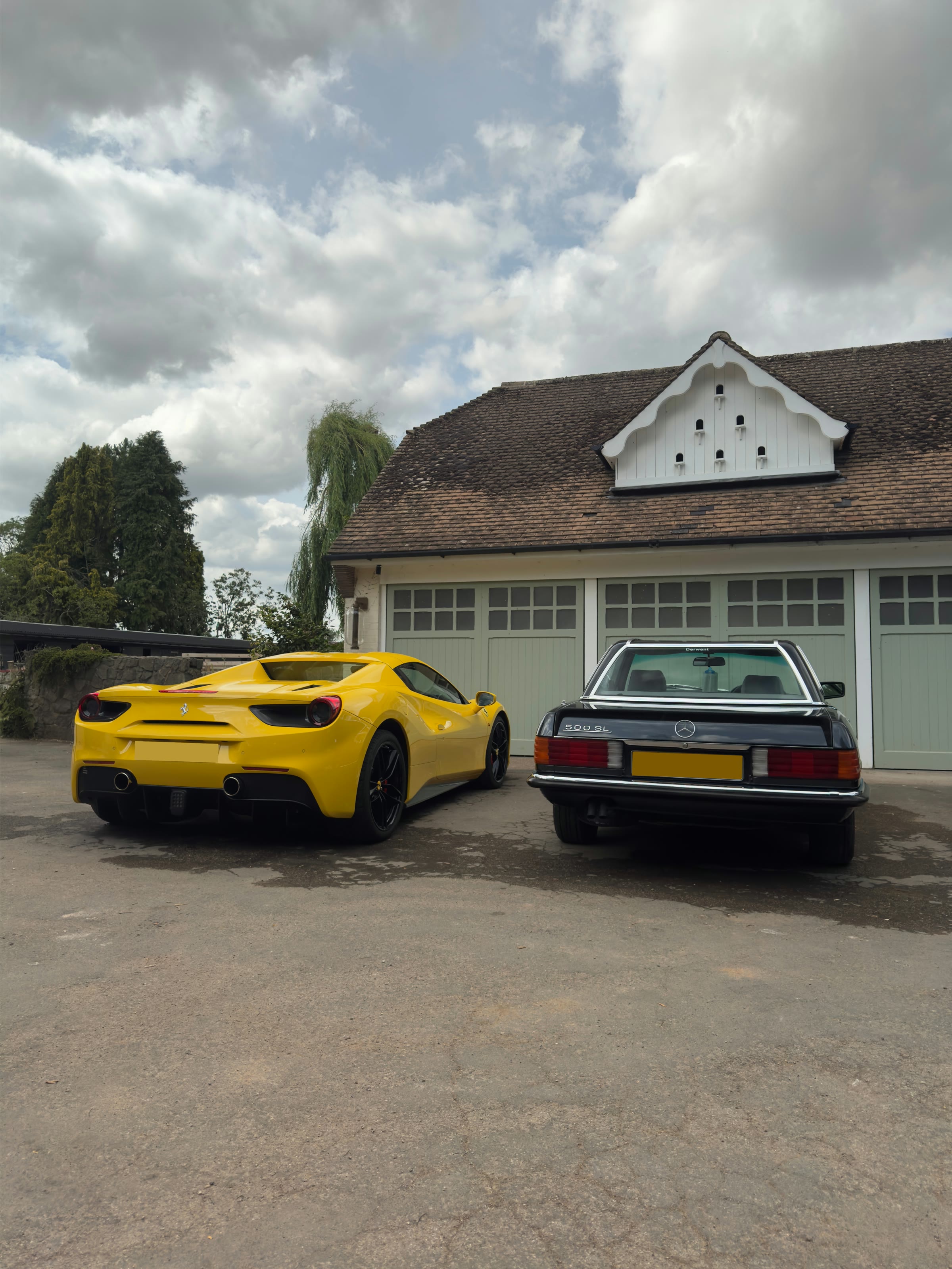 Yellow Ferrari and classic Mercedes after detailing by CRDetailingUK